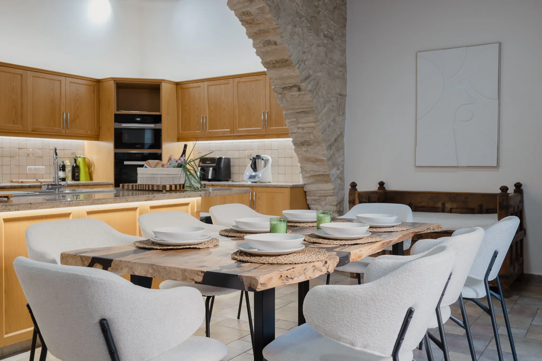 The open kitchen and dining room