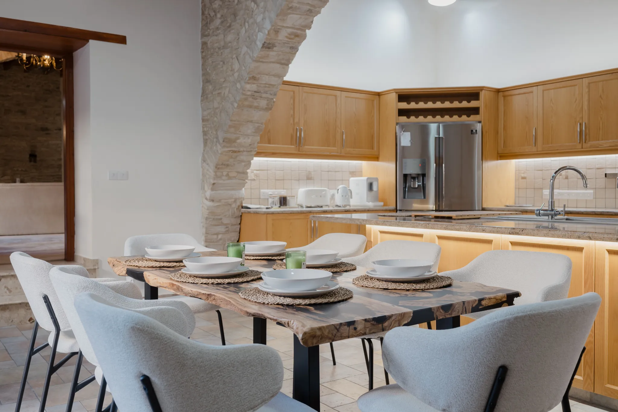 The kitchen and dining room