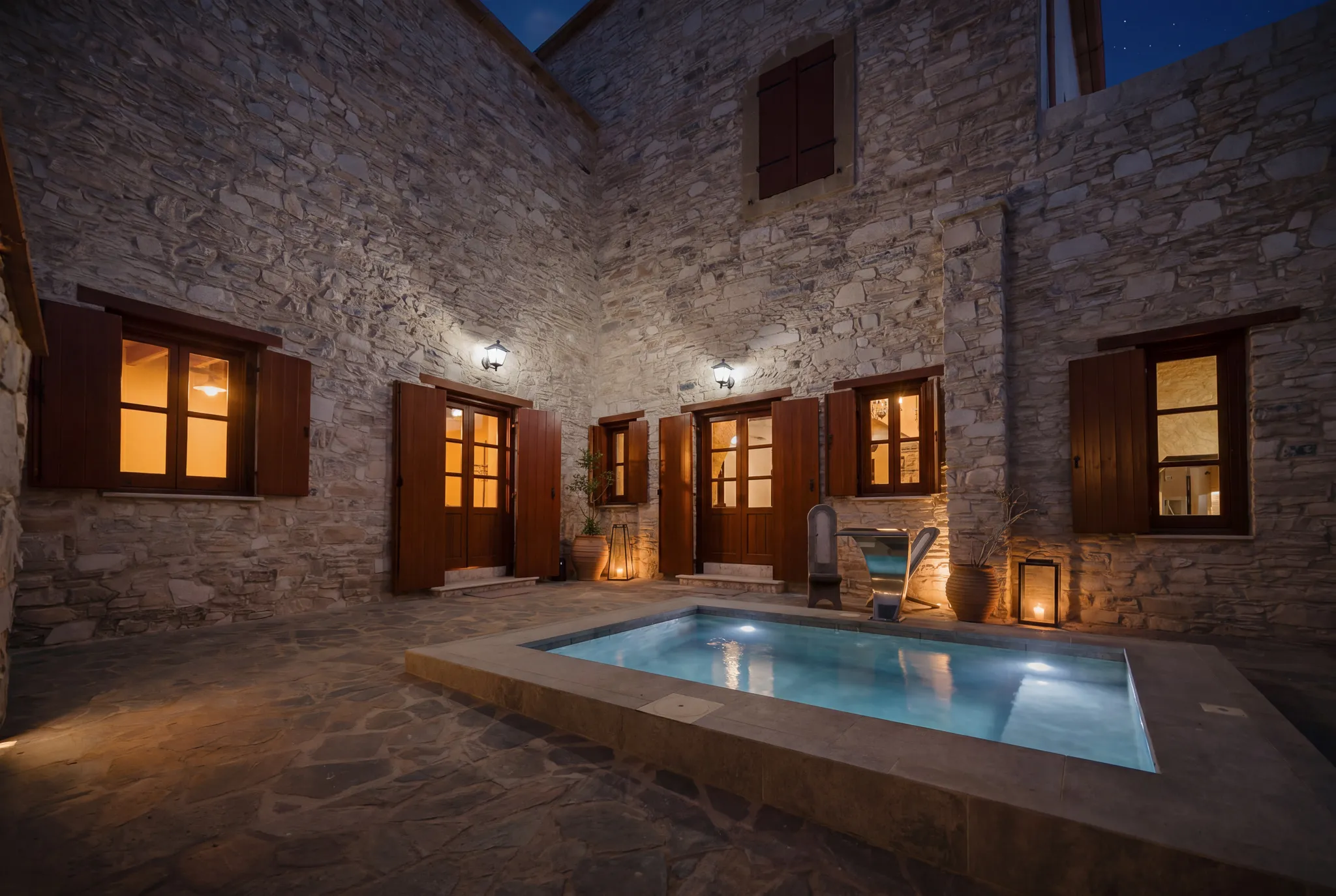 The courtyard and plunge pool at dusk