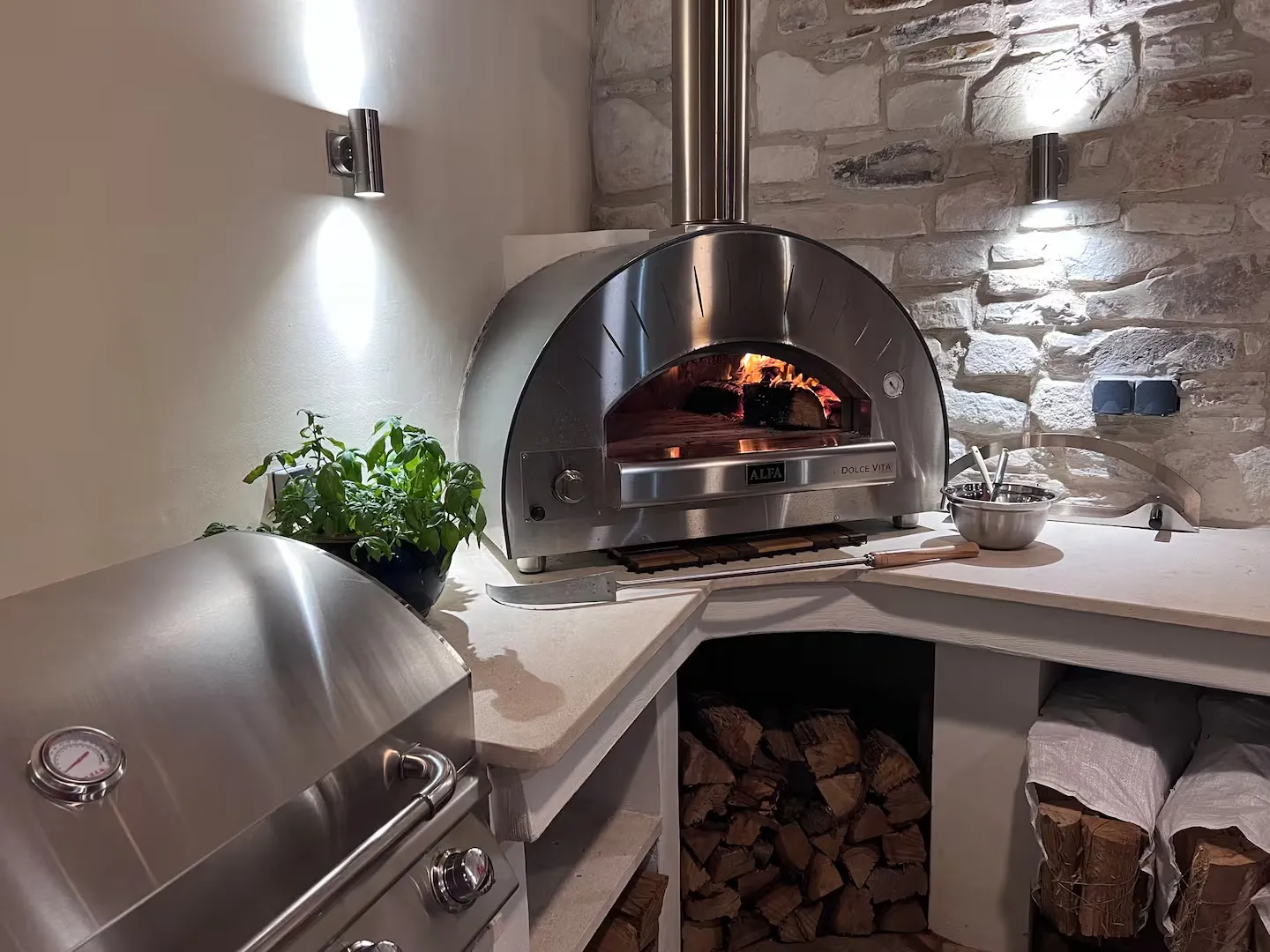 The Alfa pizza oven lit and ready