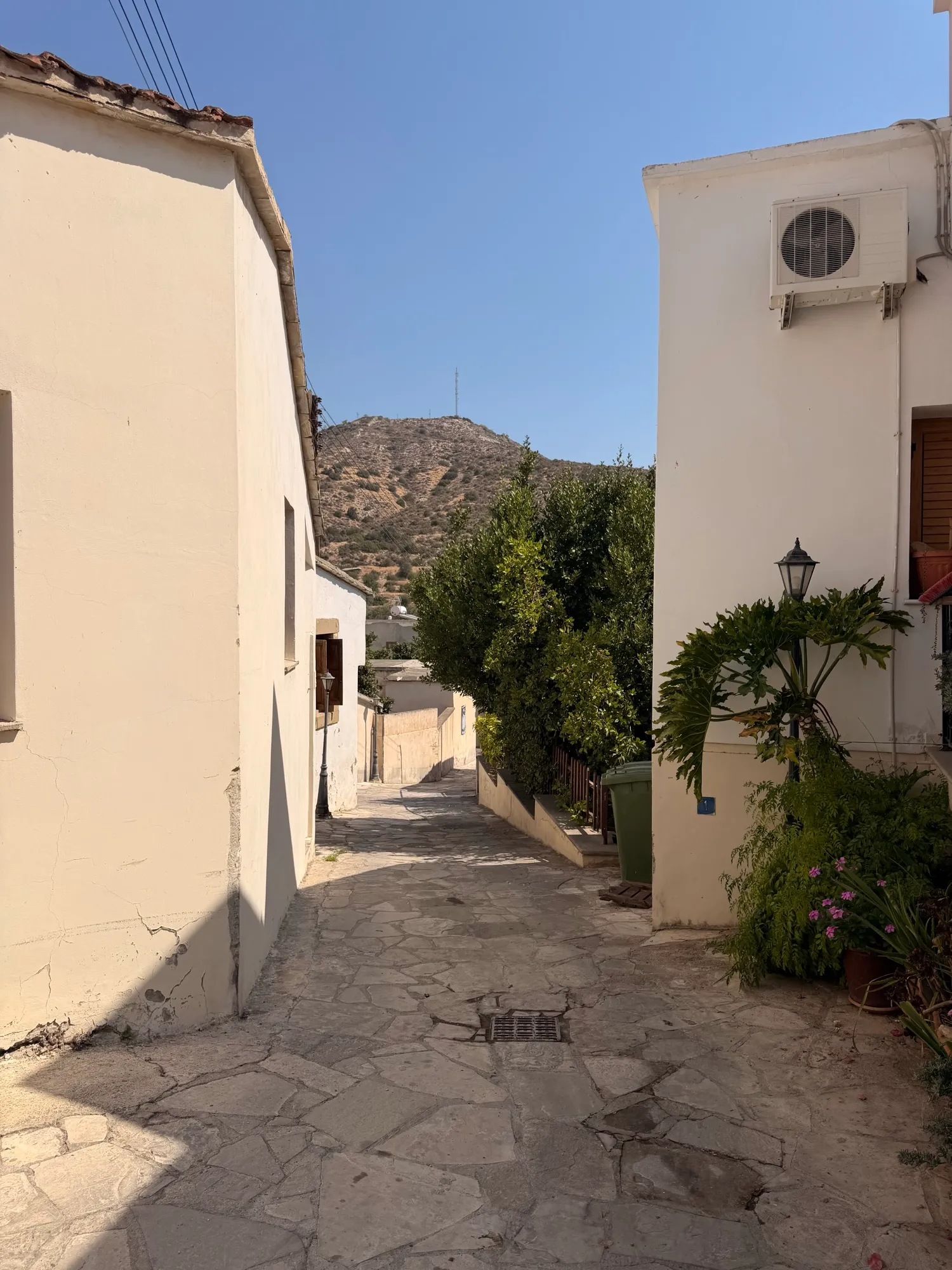 A village lane opening to the hills