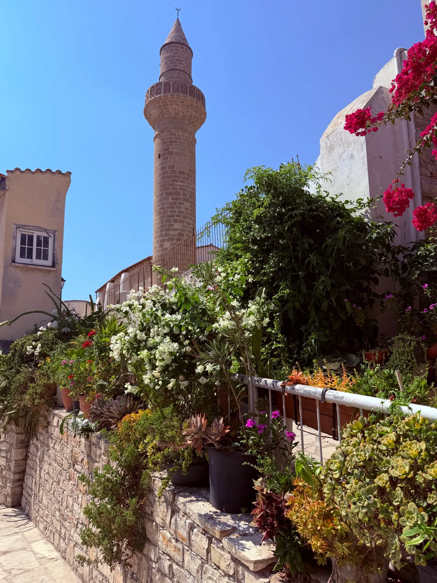 The old stone minaret above a flowered terrace