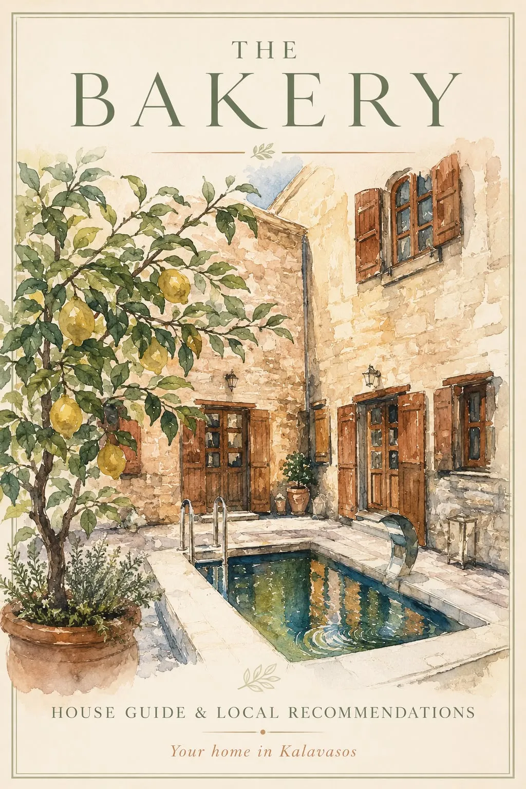 Watercolour of The Bakery courtyard, from the house guide